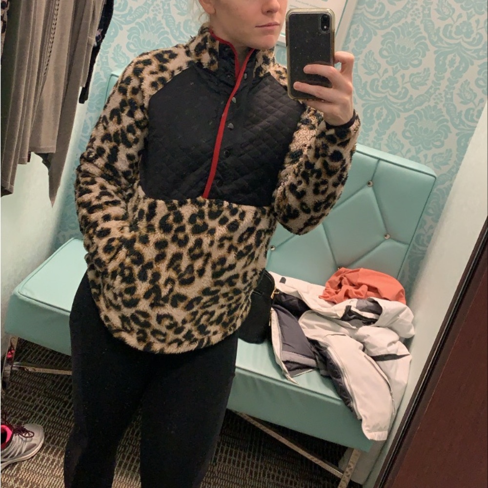 Maurice’s XS Half Button Pullover. Cheetah print, black and red. Used.